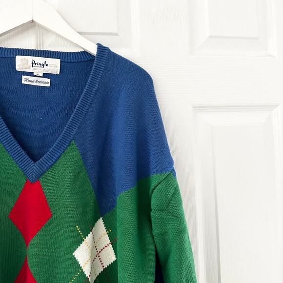 Pringle Scotland Hand Intarsia Cotton Vintage Blue Red Green Argyle Sweater XL - Picture 5 of 10
